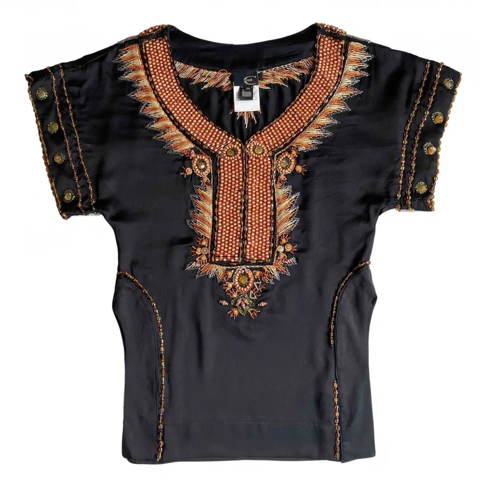 Just Cavalli vintage Black and Orange Embellished beaded boho stunning Blouse